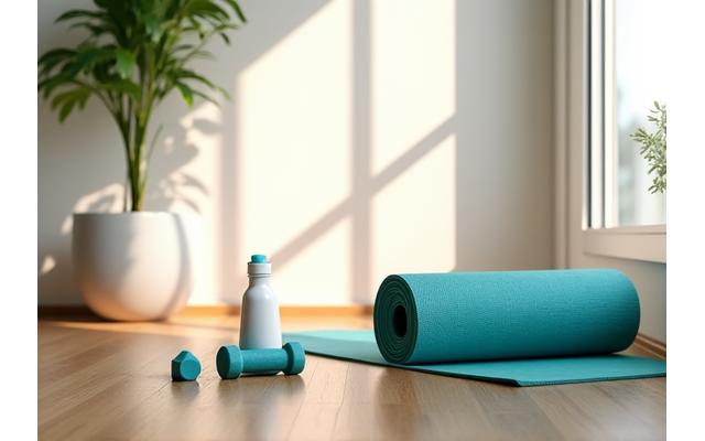 Espaço de ginásio em casa arrumado e inspirador com peso livre, tapete de yoga e garrafa de água, iluminado por luz natural.