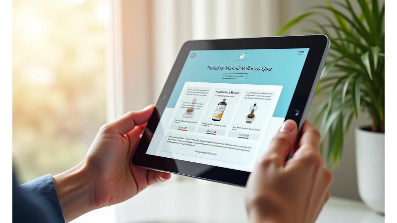 Interface interativa de quiz com recomendações personalizadas de produtos de saúde, mostrando um tablet com gráficos e opções de escolha.