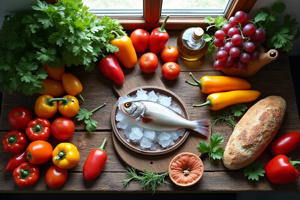 Uma mesa de cozinha rústica com uma variedade de alimentos frescos e vibrantes de origem mediterrânica, como azeite, legumes, frutas, peixe e ervas, simbolizando nutrição funcional e sazonalidade portuguesa.